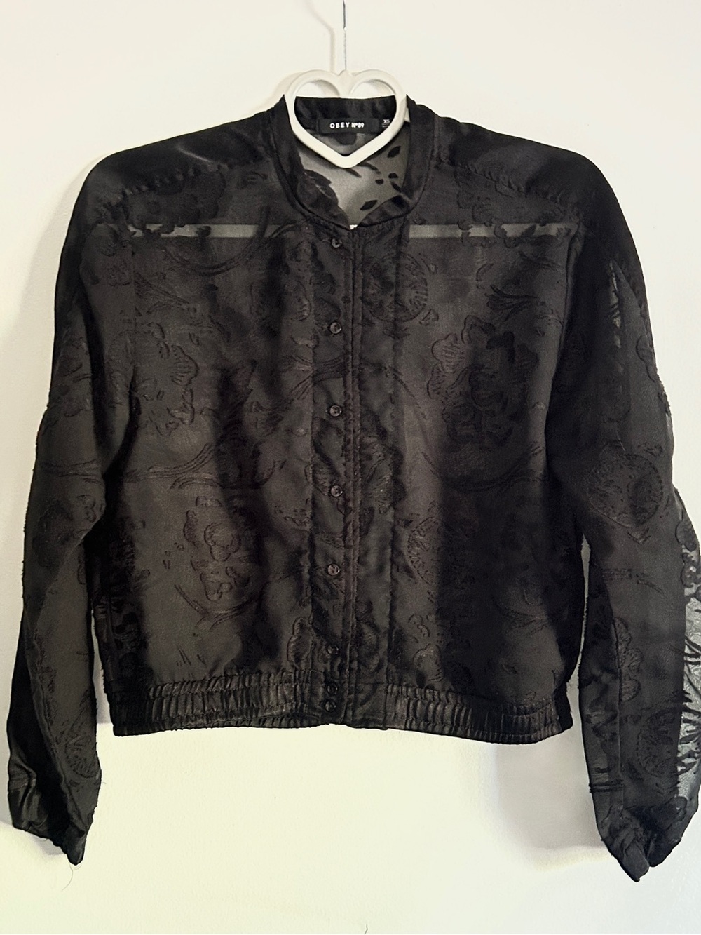 Obey Black Sheer Floral-Embroidered Shirt Jacket